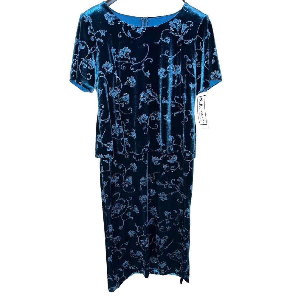 SL Fashions Midi Dress 1X 16W Vintage Velvet Sheath Sparkle Floral Party Holiday